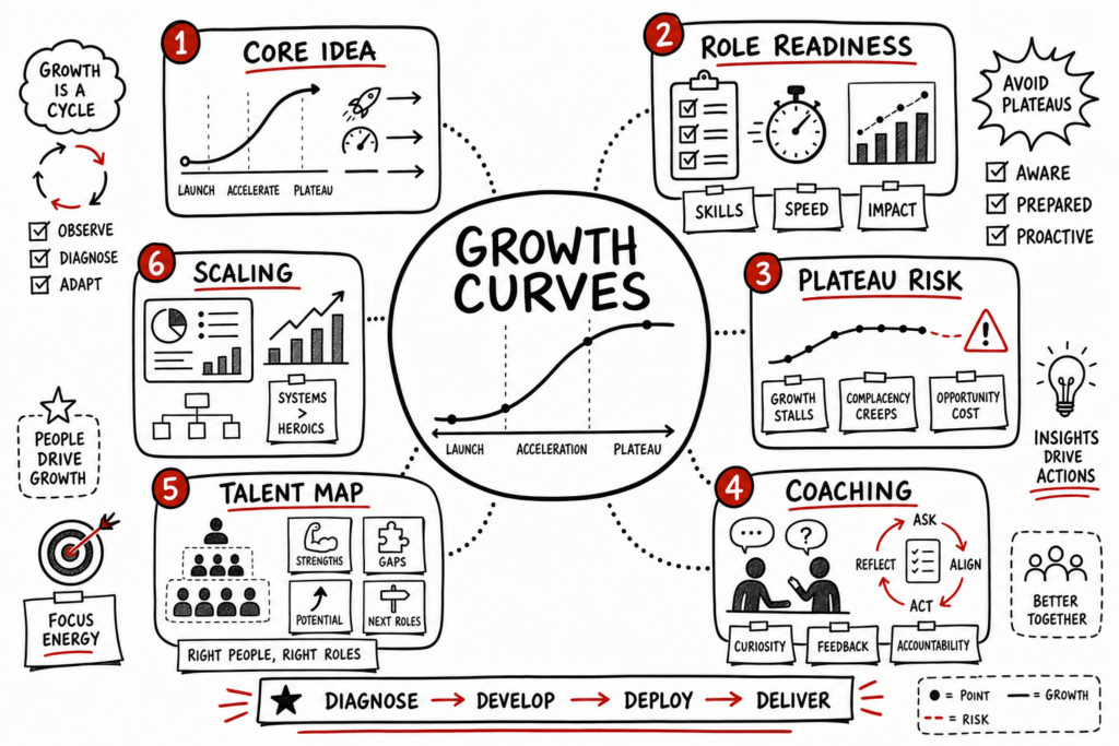 Whiteboard sketchnote of growth curves, role readiness, coaching, plateau risk, and scaling talent.