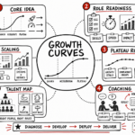 Whiteboard sketchnote of growth curves, role readiness, coaching, plateau risk, and scaling talent.