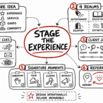 Whiteboard sketchnote of the experience economy with value ladder, four realms, client journey, cues, and referrals.