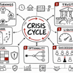 Whiteboard sketchnote of crisis cycle, succession, liquidity, trust, and portfolio risk for leaders.