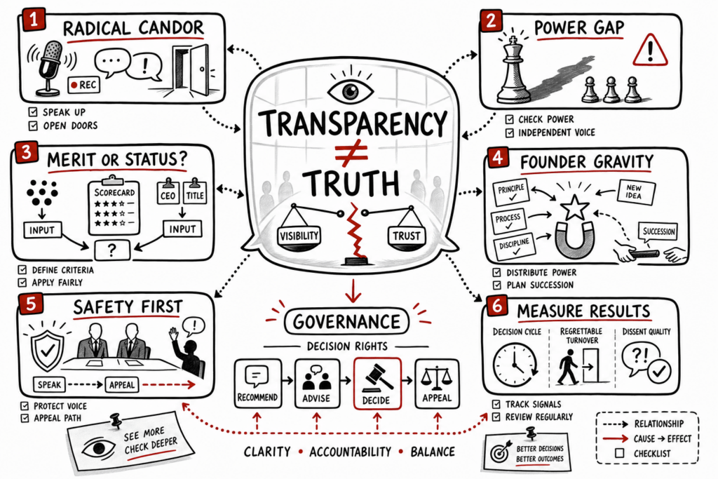 Whiteboard sketch showing how transparency needs safety, governance, and limits on power to produce better decisions.