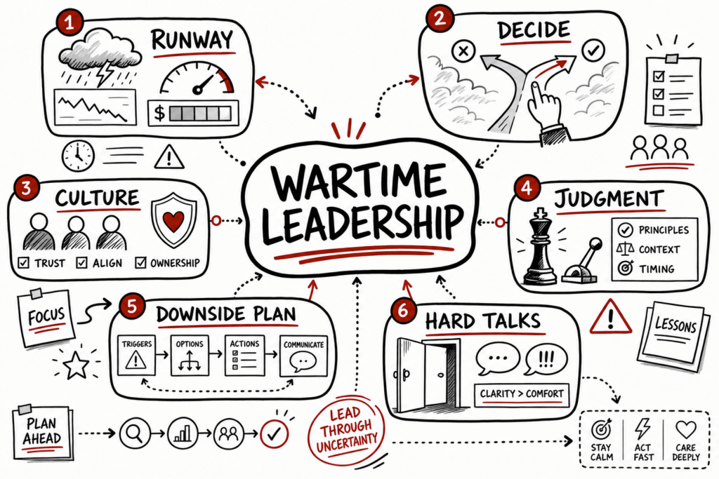 The Hard Thing About Hard Things Summary For Real Estate Leaders 1 Whiteboard sketchnote on wartime leadership, cash runway, culture, judgment, hard talks, and downside planning.