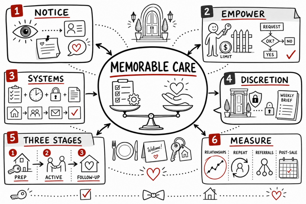 Unreasonable Hospitality Summary: Luxury Real Estate Lessons 1 Whiteboard sketchnote showing memorable care through attention, empowered teams, systems, discretion, client stages, and metrics.