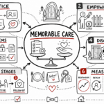 Whiteboard sketchnote showing memorable care through attention, empowered teams, systems, discretion, client stages, and metrics.