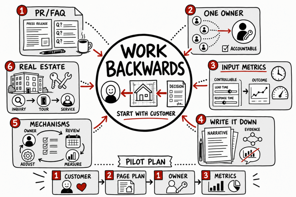 Working Backwards Amazon Summary For Real Estate Leaders 1 Whiteboard sketchnote maps Working Backwards: PR/FAQ, one owner, input metrics, mechanisms, writing, and real estate.