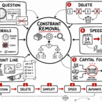 Whiteboard sketchnote maps constraint removal, speed, capital focus, front-line insight, and leadership guardrails.