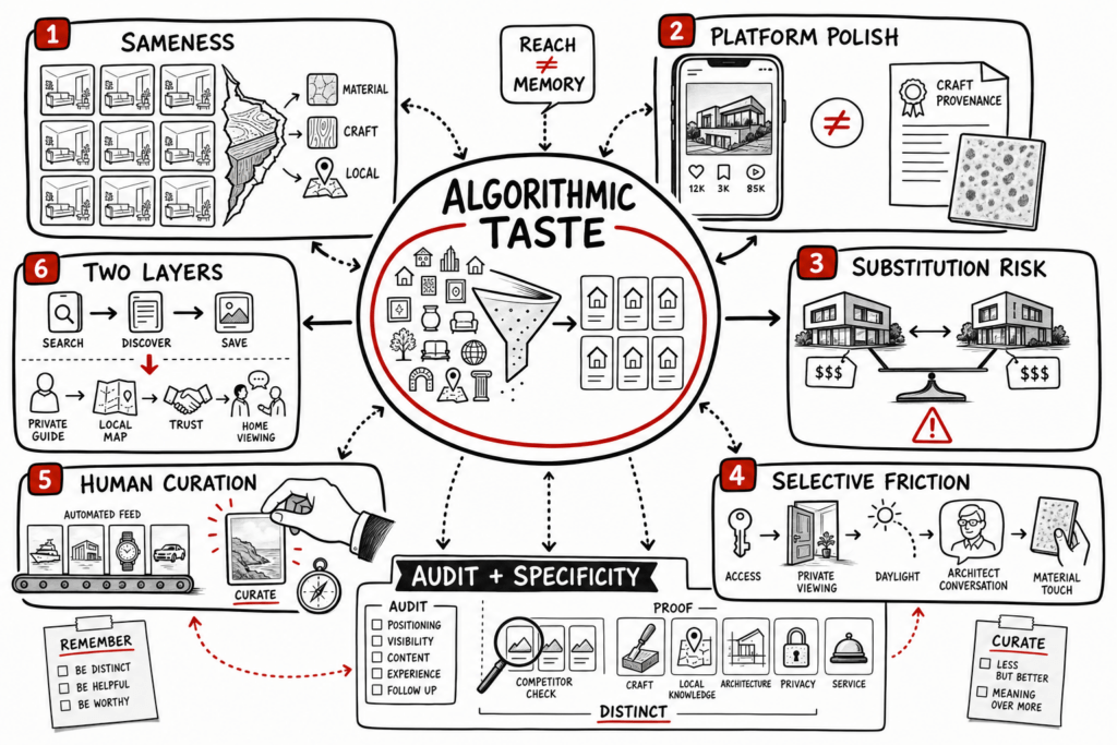 Whiteboard map showing how algorithmic taste creates sameness and how luxury brands protect distinction through human curation.