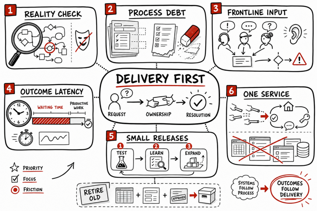 Sketchnote map showing delivery-first systems redesign, process debt, frontline input, outcome latency, and small releases.