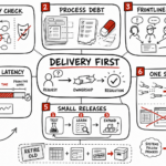 Sketchnote map showing delivery-first systems redesign, process debt, frontline input, outcome latency, and small releases.