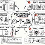 Whiteboard sketchnote showing programmable ownership, token utility, rights layers, provenance, pilots, and risk checks.
