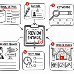 Whiteboard sketchnote showing the missing inputs needed before an evidence-conscious book review can be written.