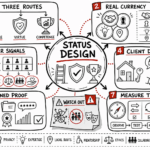 Whiteboard sketchnote mapping status, reputation, leadership incentives, client dignity, proof, risks, and trust metrics.