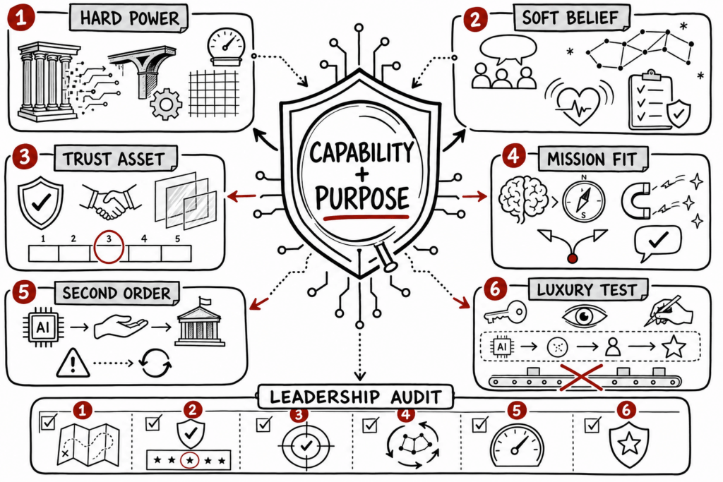 The Technological Republic Summary &Amp; Review: Executive Takeaways 1 Whiteboard sketchnote linking technology capability, civic purpose, trust, mission, and luxury leadership.
