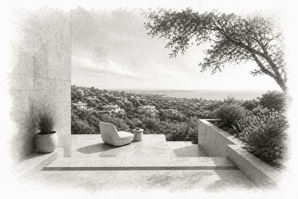 Graphite study of a hillside terrace overlooking a residential landscape and distant water.