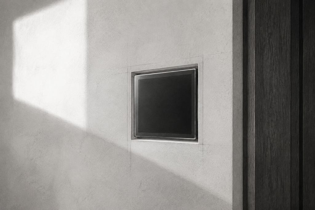 Graphite study of a blank glass control panel recessed into a plaster wall beside a timber jamb.