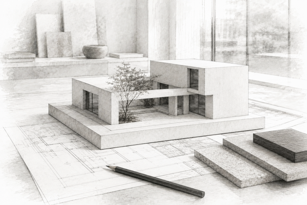 Graphite study of a courtyard-house model on architectural plans, with a pencil and stone samples.