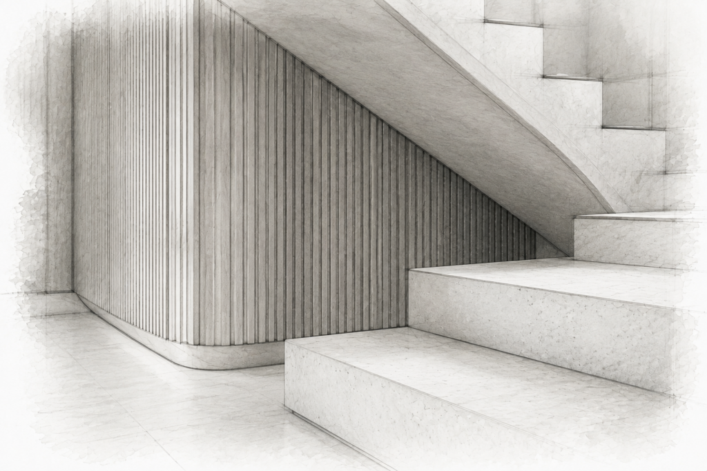 Ongoing Consulting As Your Business Develops. 1 Graphite study of broad stone stairs beside a curved timber-slat wall.