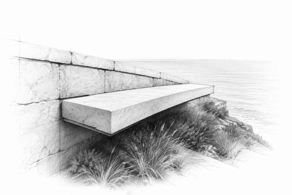 Blue Ocean Shift: Finding A Real Estate Offer Worth Building 1 Graphite study of a cantilevered limestone bench beside a coastal wall, with grasses and an ocean horizon.