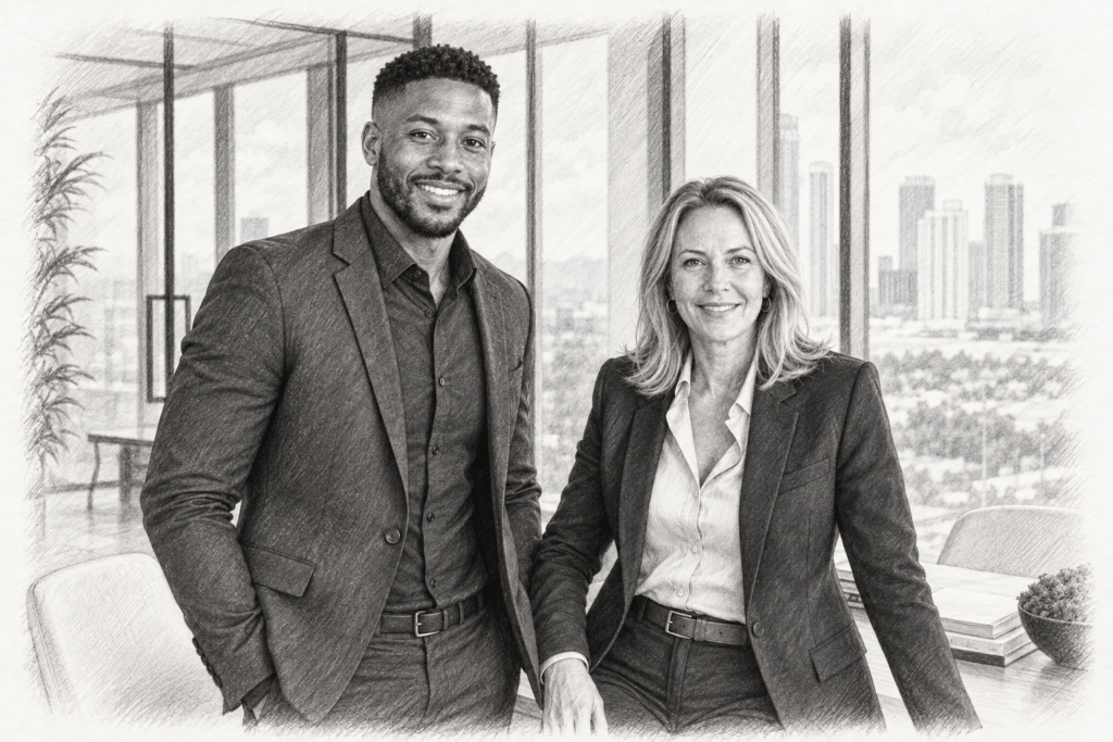 Win More Listings Without The Luxury Logo 1 Charcoal portrait of a man and woman in jackets beside tall windows.