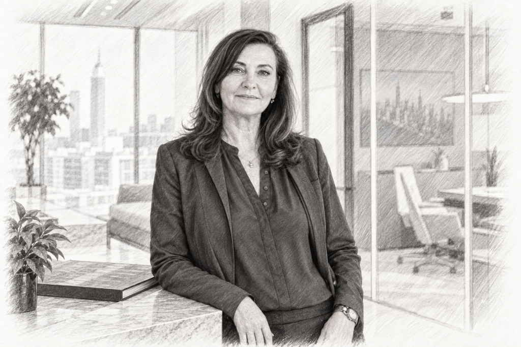 Your Next Listing Starts With Someone Else’s Invitation 1 Charcoal portrait of a woman in a jacket leaning beside a stone countertop.