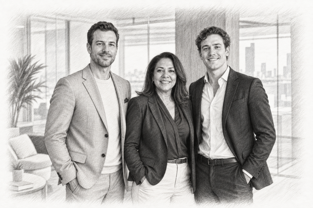 Be The Agent Builders Call To Sell The Next Phase 1 Charcoal portrait of three people standing together in a bright glazed interior.
