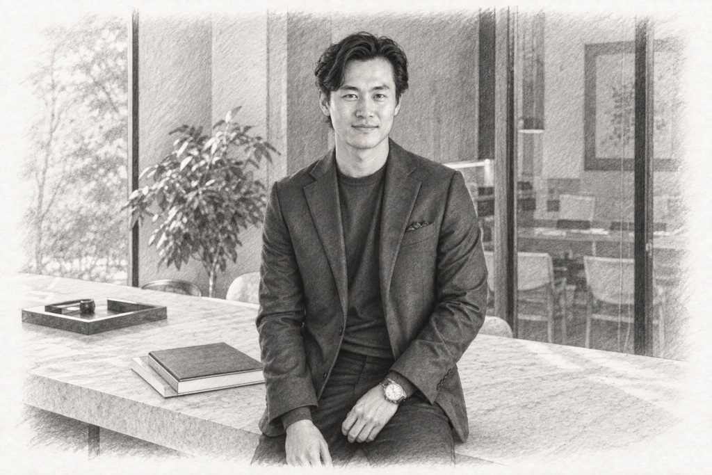 Be The Agent Affluent Sellers Choose Before They’re Ready 1 Charcoal portrait of a man in a dark jacket seated on a stone countertop.