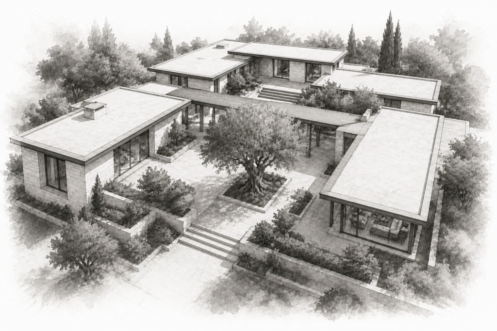 Elevated graphite view of connected residential pavilions surrounding a planted courtyard.