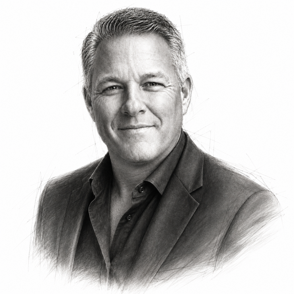 Chris Pollinger. 1 Graphite portrait of Chris Pollinger in a dark jacket and open-collar shirt.