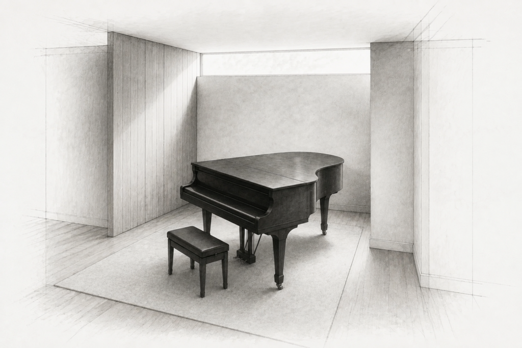Christie’s International Real Estate: A Brief Evaluation 1 Graphite study of a closed grand piano and bench beneath a clerestory window.