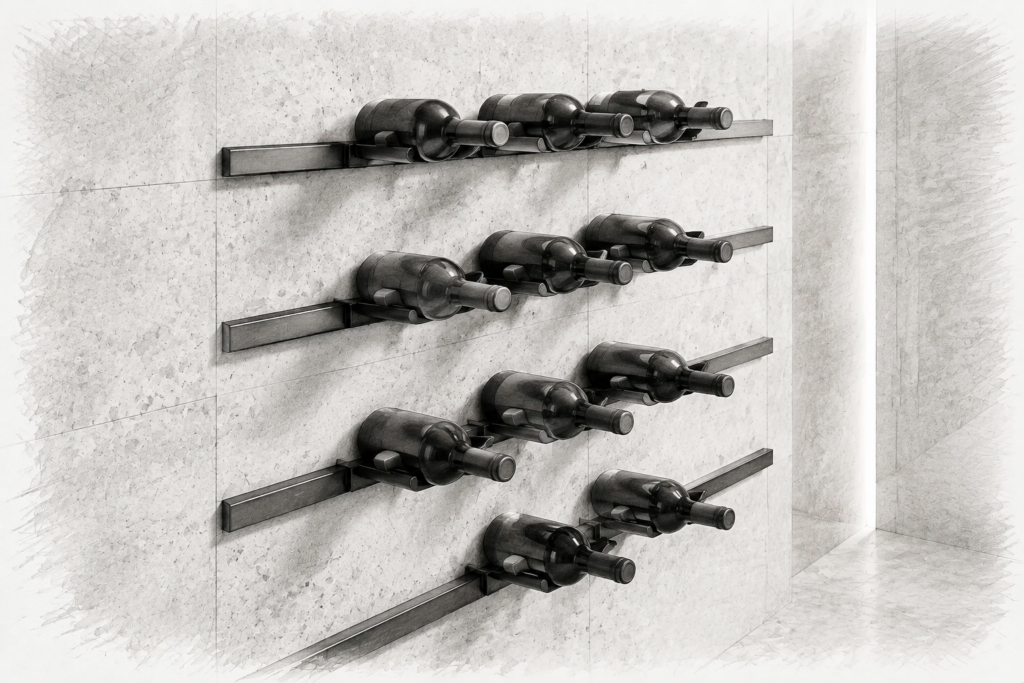 Christie’s Vs Forbes Global Properties: Comparing Affiliation 1 Graphite architectural illustration of unlabelled wine bottles held in four rows of wall-mounted metal cradles.