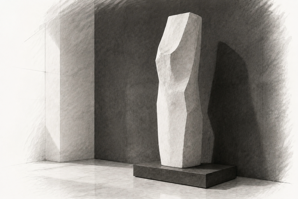 Christie’s Vs Lre: Affiliation And Broker Relationships 1 Graphite architectural illustration of a faceted stone sculpture on a dark plinth in a residential alcove.