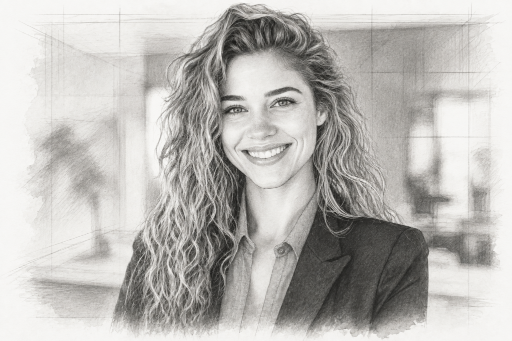 Seven Leadership Traits To Practice In Your Real Estate Team 1 Graphite portrait of a smiling woman with long curly hair, a dark jacket and a gray collared shirt.