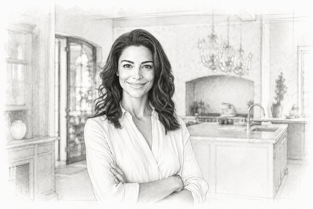 Is Real Estate Coaching Worth It? How To Assess The Fit 1 Graphite illustration of a woman with long dark hair and a white blouse, standing with folded arms in a kitchen.