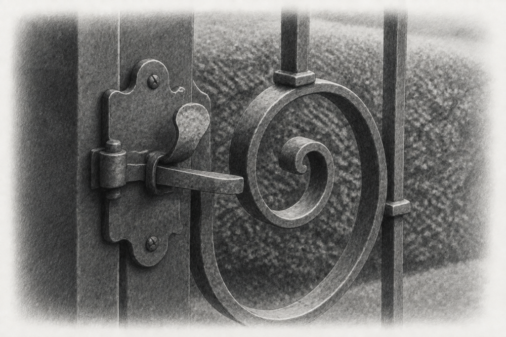 Charcoal detail of a forged-iron garden gate latch and scrollwork.