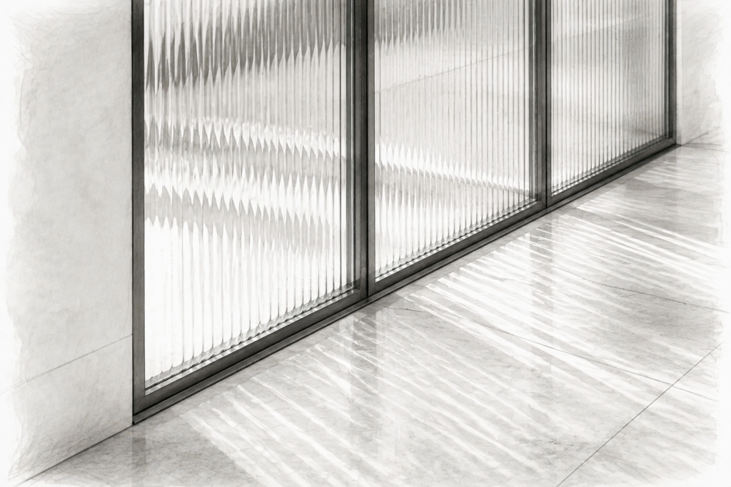 Graphite study of fluted glass panels casting patterned light across a stone floor.