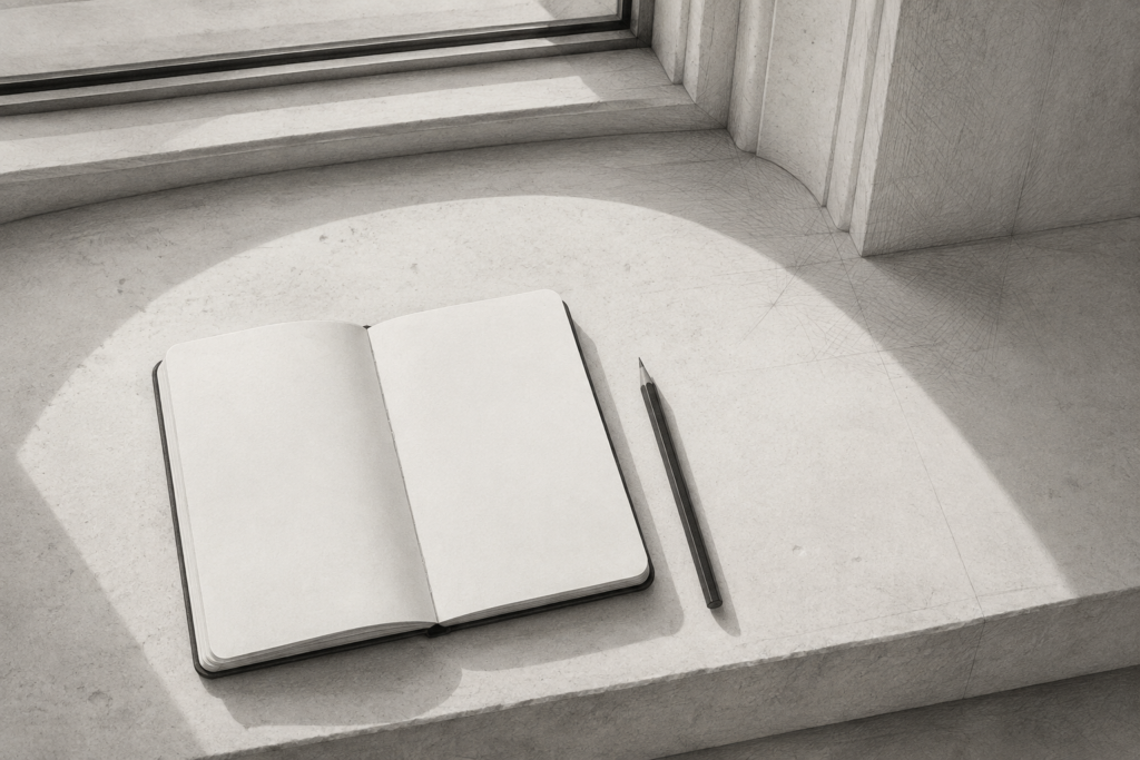 Graphite illustration of an open blank notebook and pencil on a limestone window ledge.