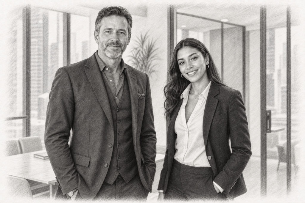 Give The Buyers Back Home A Way To Say Yes 1 Charcoal portrait of a man and woman in jackets beside glazed doors and a meeting table.