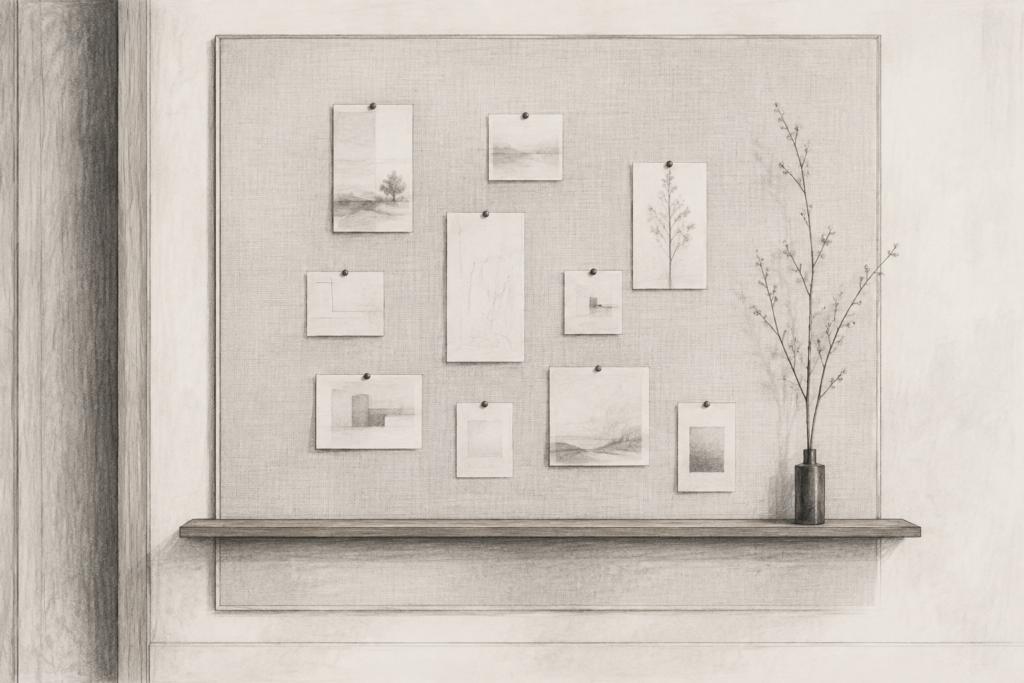 Lead-Offering Recruiting Script For Real Estate Teams 1 Graphite illustration of an unlettered pinboard above a narrow ledge in a residential study.