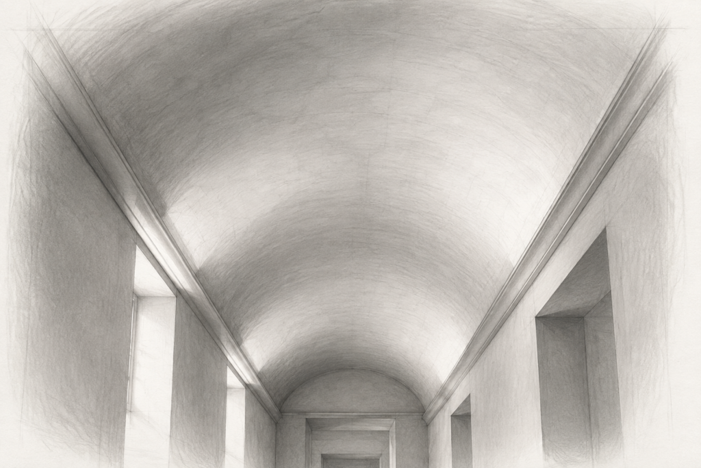 Building A Brokerage Luxury Training Program 1 Graphite study of a smooth plaster barrel-vault ceiling above a narrow residential hall.
