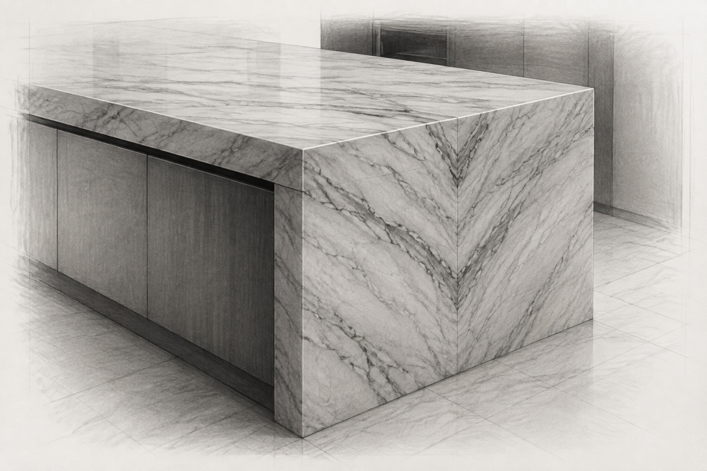 Refreshing A Real Estate Team’s Brand 1 Graphite study of a bookmatched stone kitchen island with a waterfall corner.