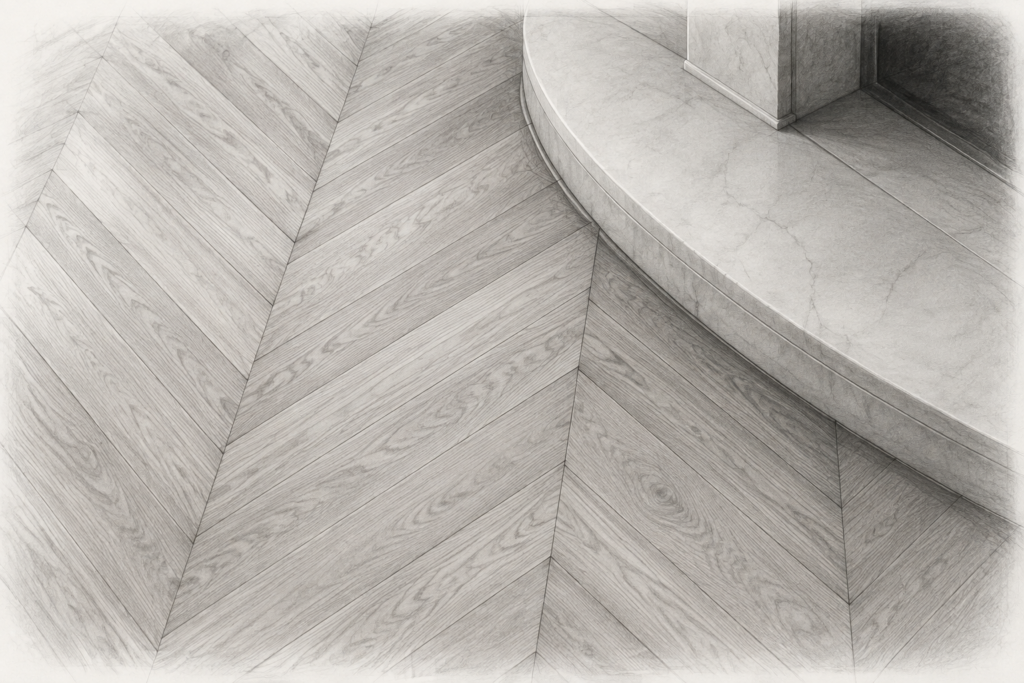 Graphite study of chevron parquet meeting a curved stone fireplace hearth.