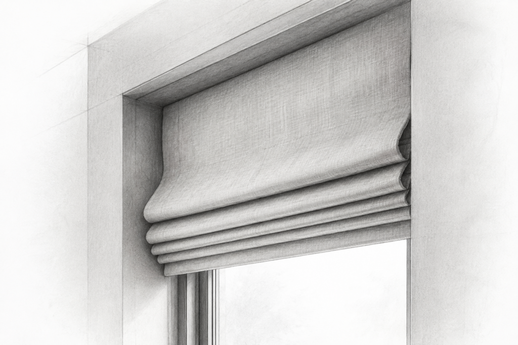 Graphite study of layered linen Roman-blind folds above a recessed residential window.
