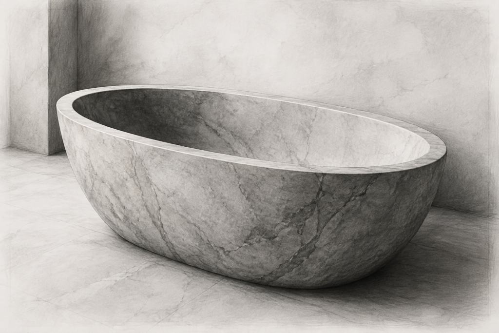Financial Planning For A Real Estate Business 1 Graphite study of a freestanding carved-stone soaking tub in a quiet residential bathroom.