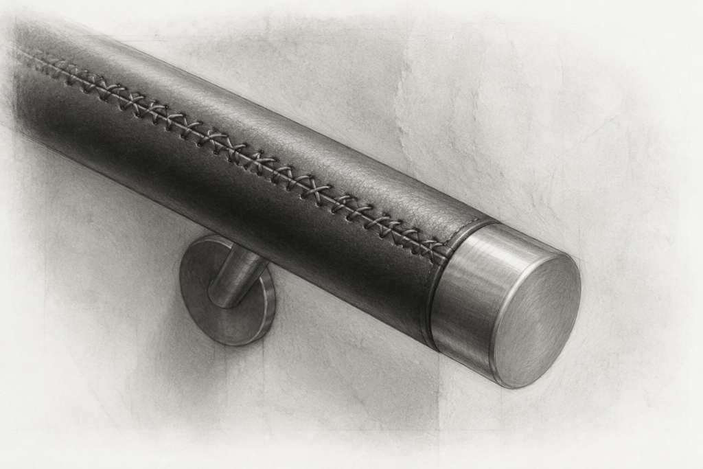 Rebuilding Financial Records And Management Oversight 1 Graphite detail of a saddle-stitched leather handrail ending in a bronze cap.