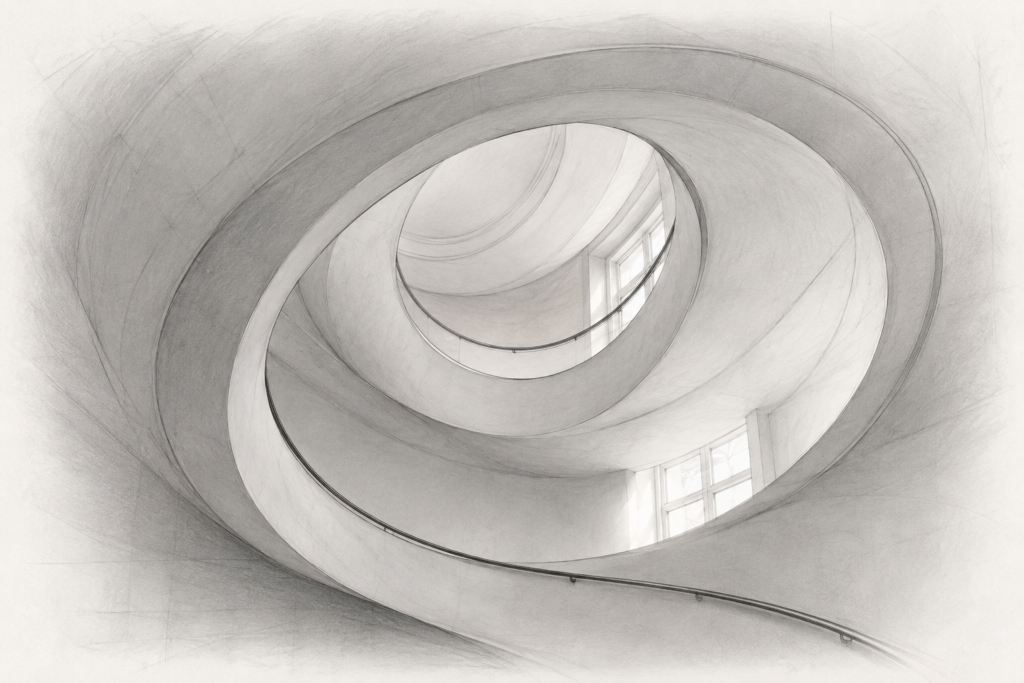 Growth Through Brokerage Mergers And Acquisitions 1 Graphite study looking upward through a curved residential stairwell, with a sculpted plaster soffit.