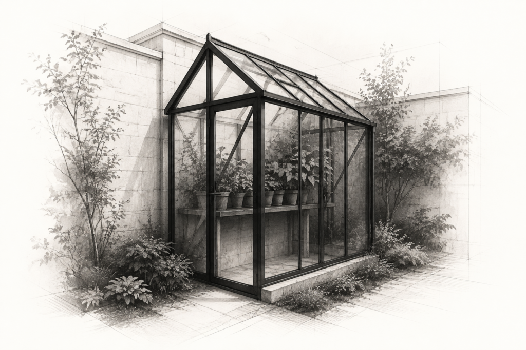 Graphite study of a narrow glass garden greenhouse with potted plants beside a masonry wall.