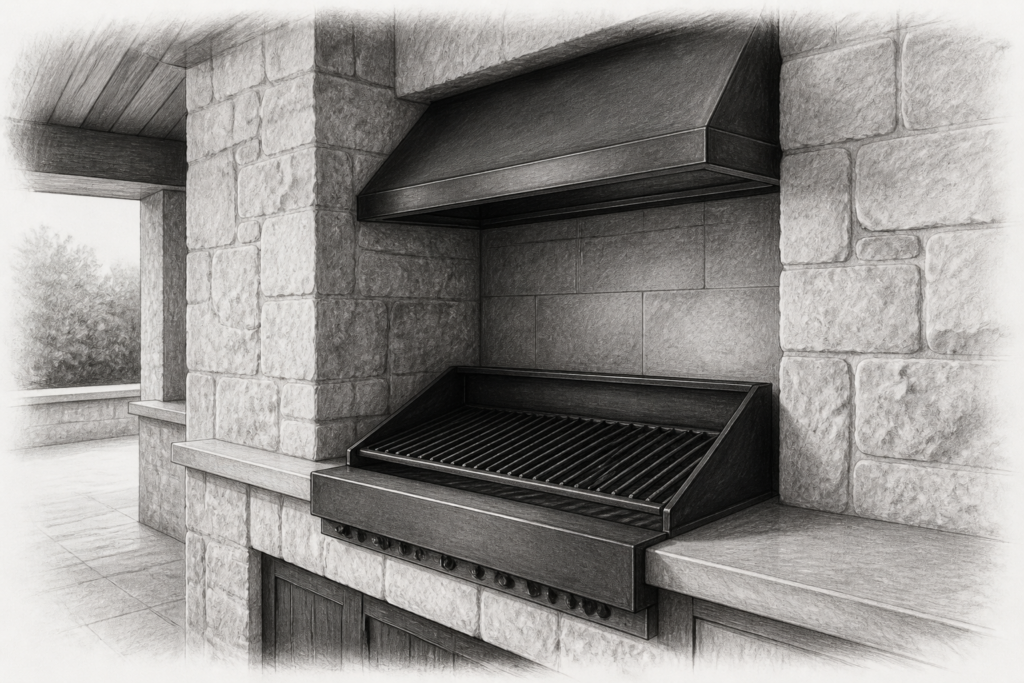Graphite study of an iron grill built into a stone outdoor cooking alcove.