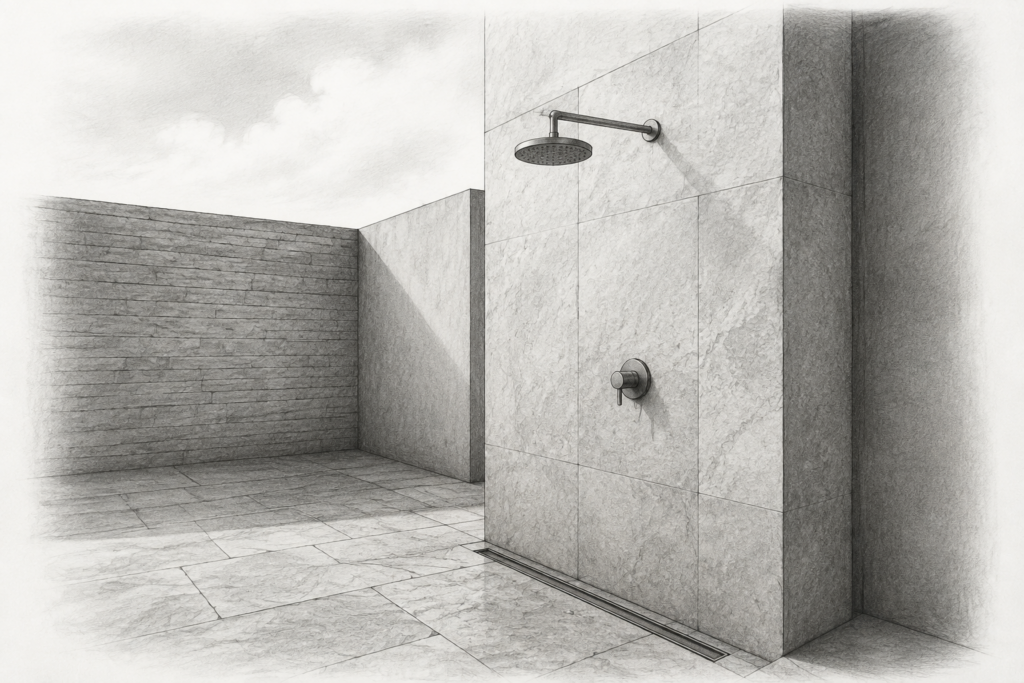 Preparing An Agent To Enter The Luxury Market 1 Graphite study of a residential outdoor rain shower above a stone floor with a linear drain.