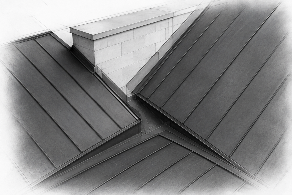 Strategic Planning For A Single-Office Brokerage 1 Graphite study of standing-seam metal roof planes meeting at a valley beside a masonry parapet.