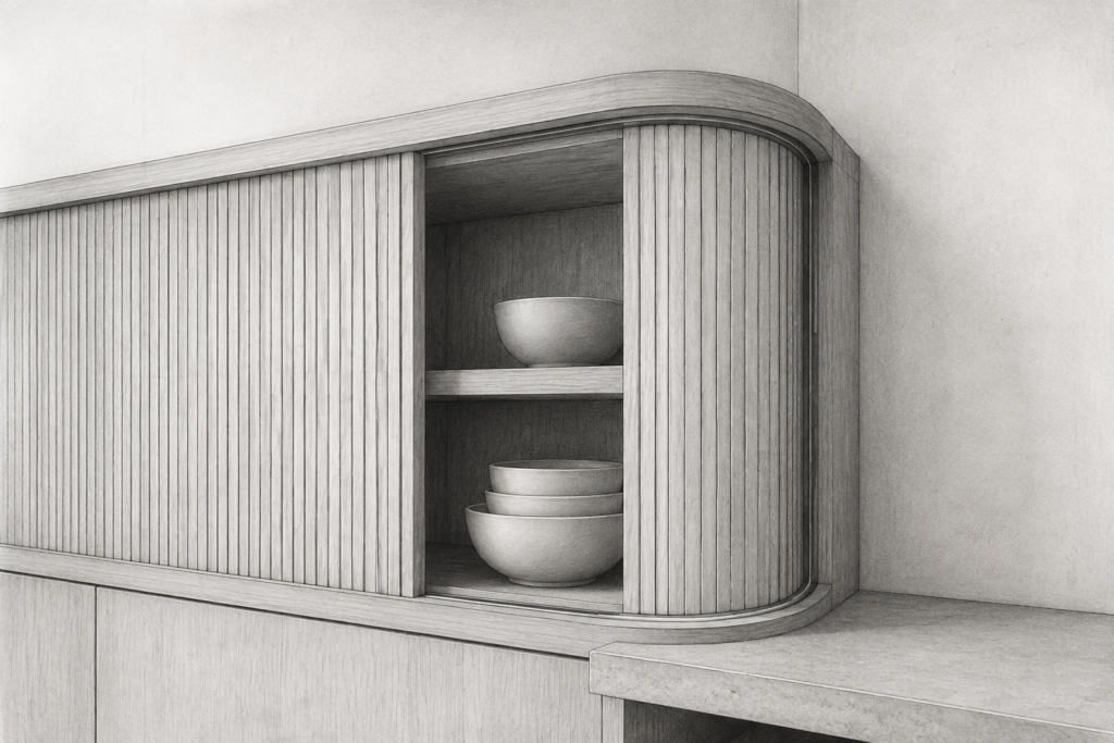 Launching A Boutique Brokerage 1 Graphite study of a curved timber tambour cabinet partly open to shelves holding ceramic bowls.